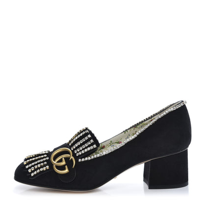 Gucci Kid Scamosciato Crystal GG Marmont Fringe 50mm Loafer Pumps 38 Black 1 of 8