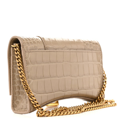 Balenciaga Shiny Calfskin Crocodile Embossed Hourglass Chain Bag Dark Beige 3 of 15