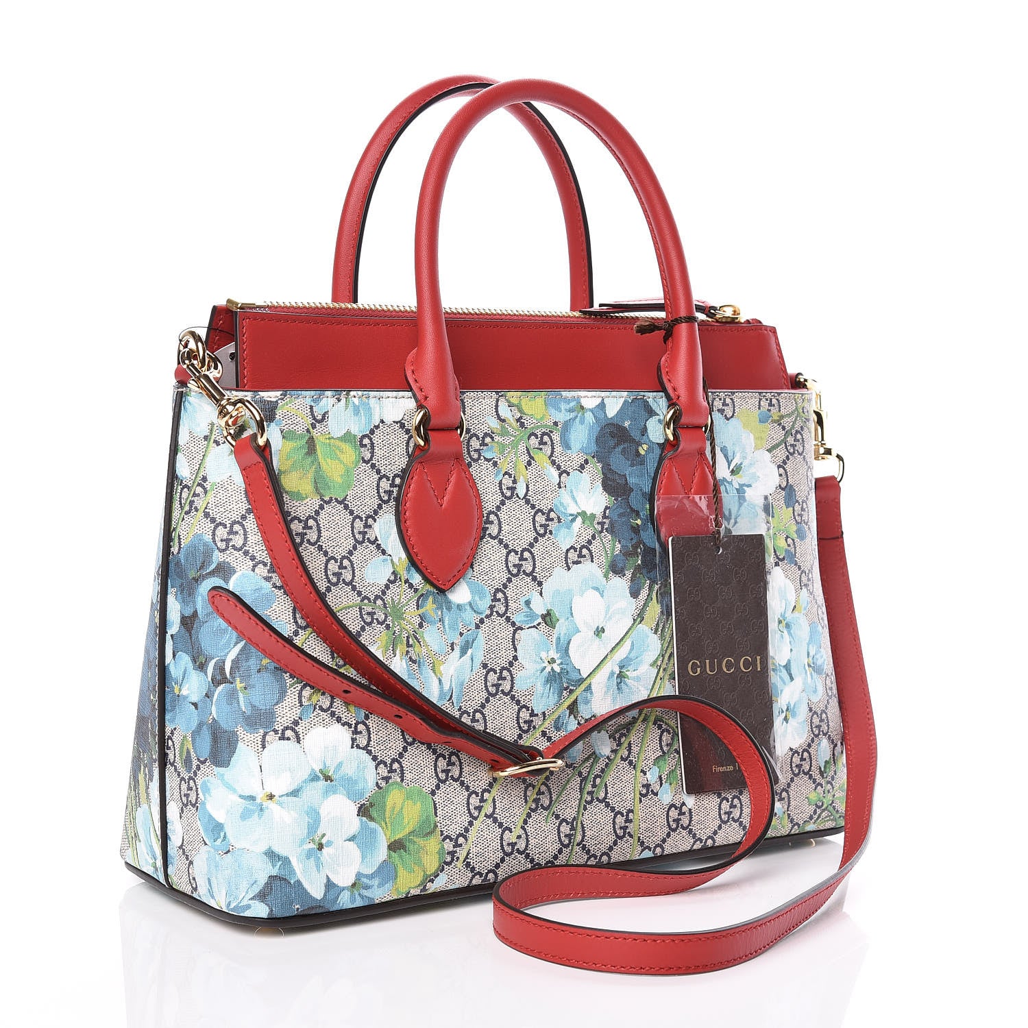 Gucci GG Supreme Monogram Blooms Medium Zip Top Tote Beige Blue Navy Hibiscus Red 3 of 9