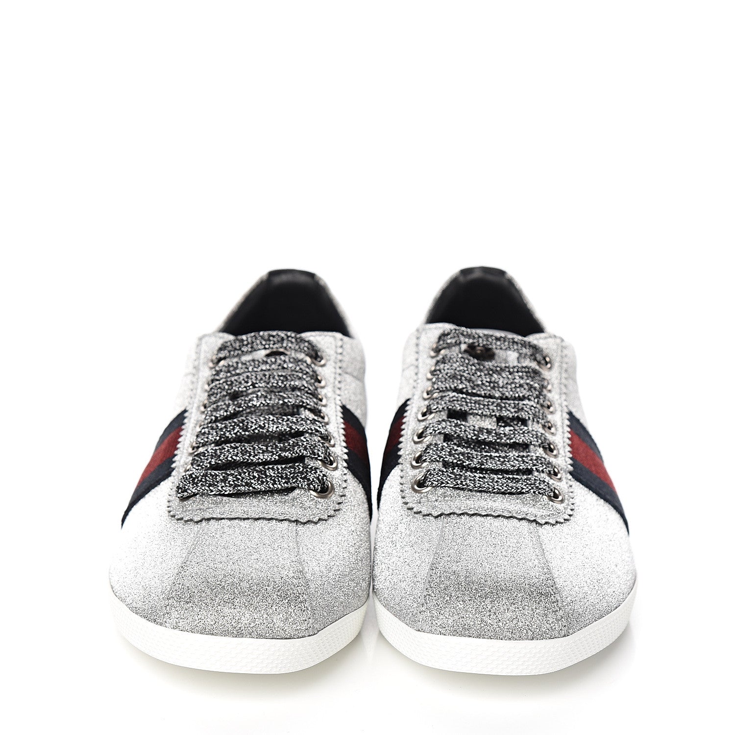 Gucci Glitter Fabric Studded Web Sneakers 37.5 Silver 2 of 10
