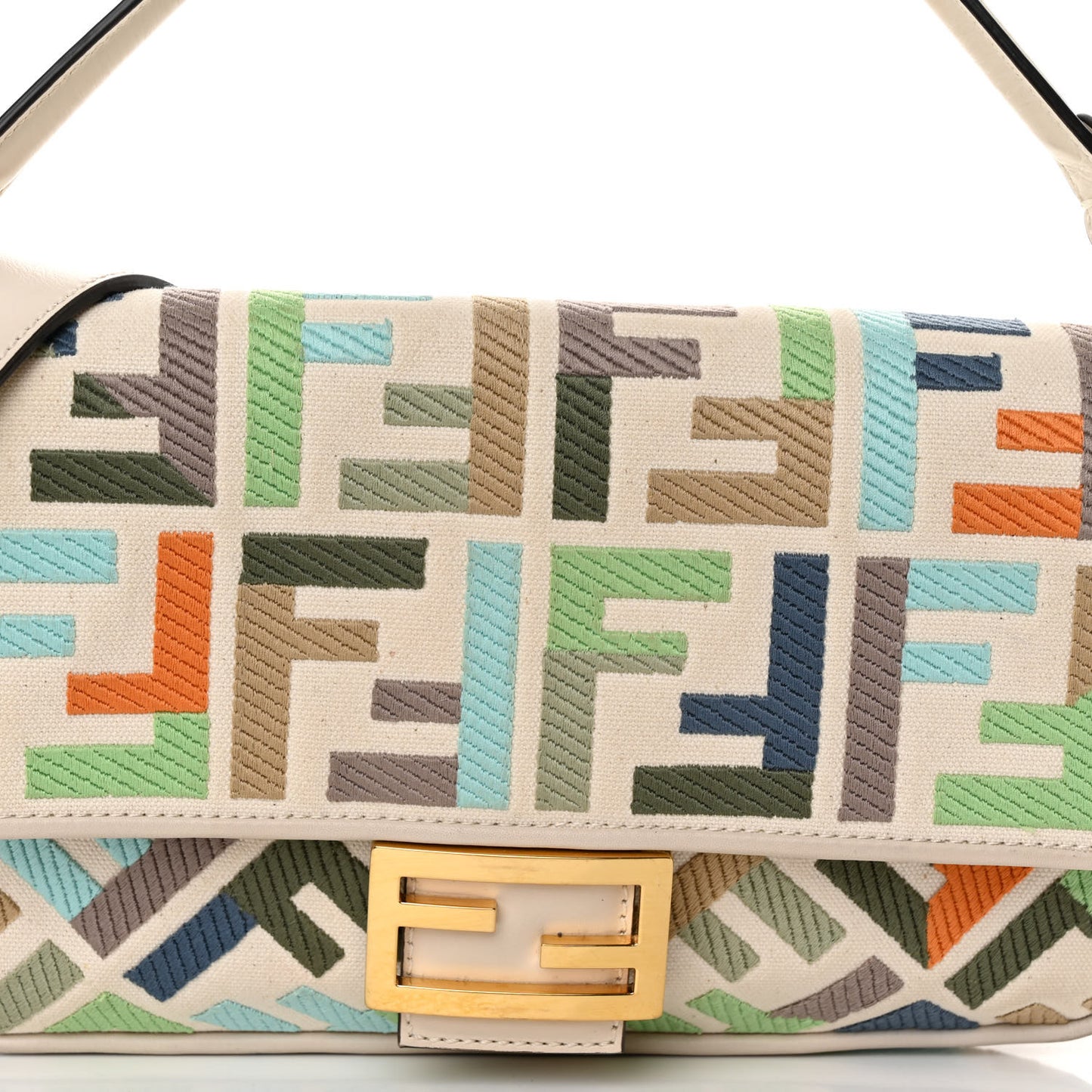 Canvas Vitello Seta FF Multicolor Embroidered Baguette Grezzo Multicolor Latte
