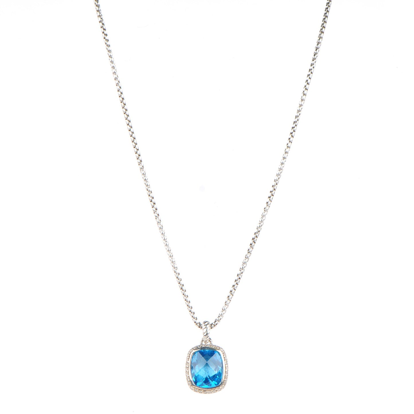 Sterling Silver Pave Diamond Blue Topaz 12mm Noblesse Pendant Necklace