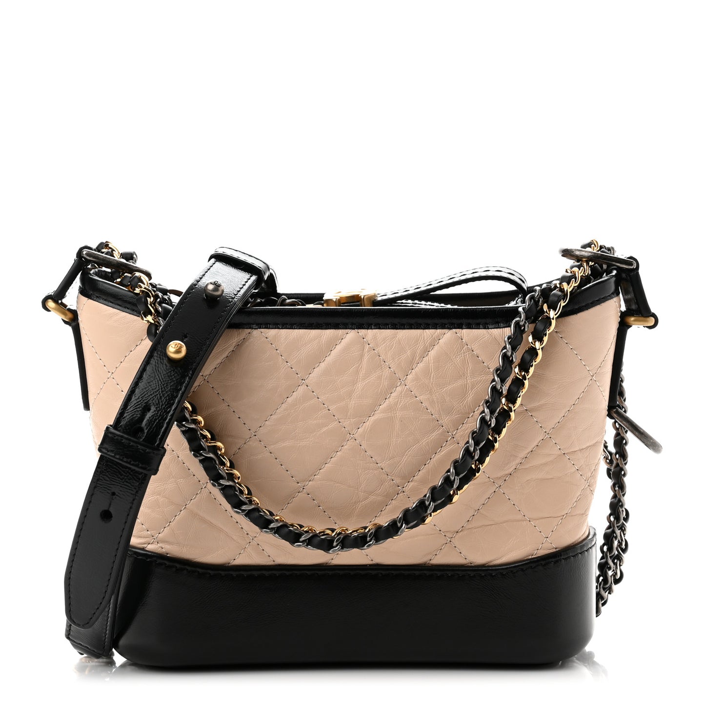Aged Calfskin Quilted Small Gabrielle Hobo Beige Black