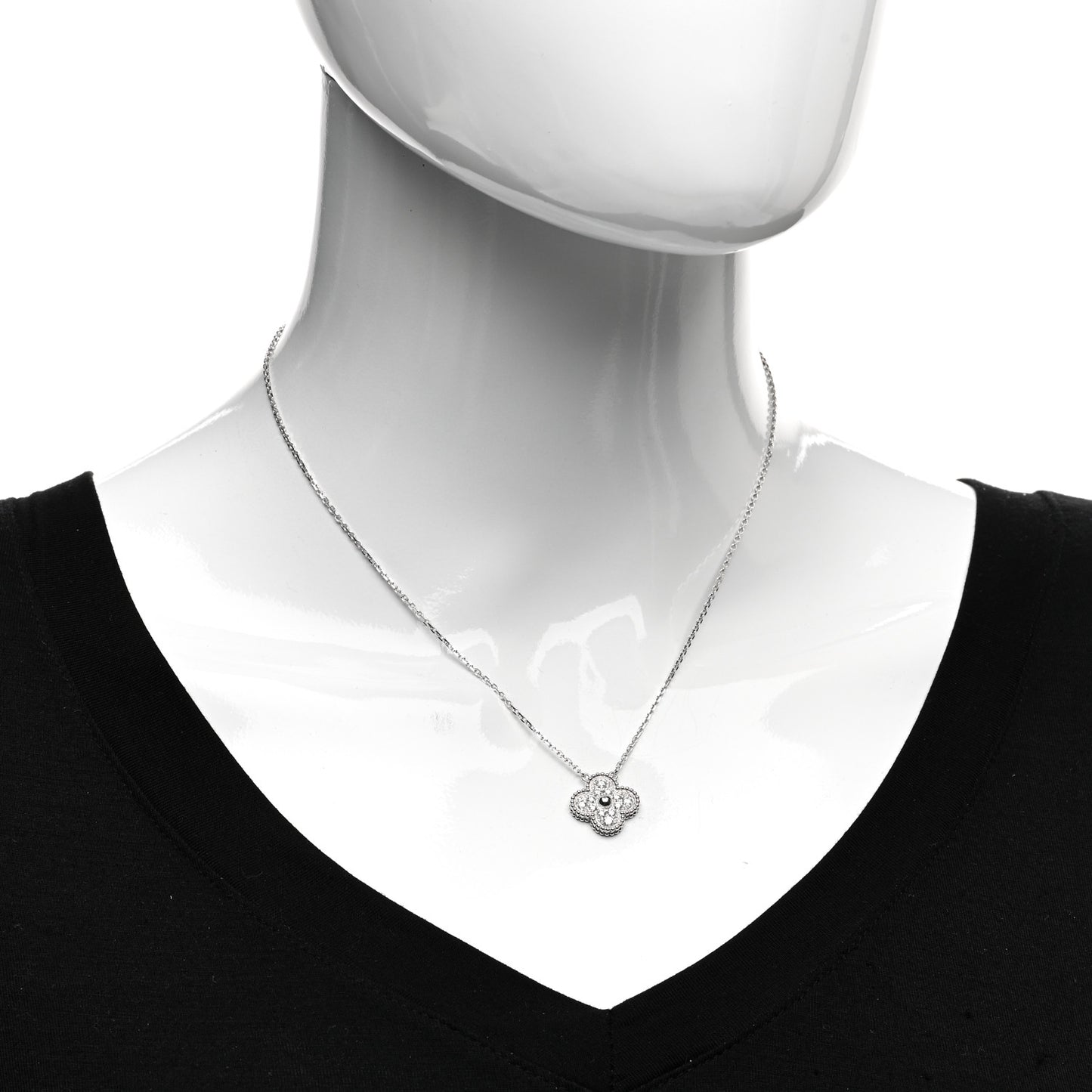 18K White Gold Diamond Vintage Alhambra Pendant Necklace