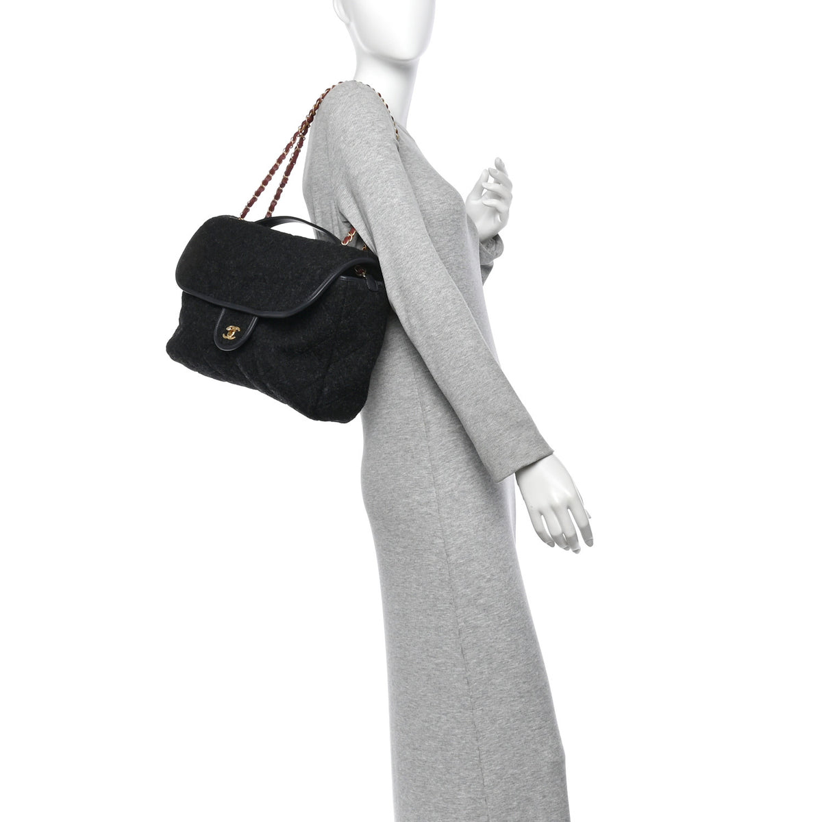 Wool Quitled Top Handle Maxi Flap Dark Grey