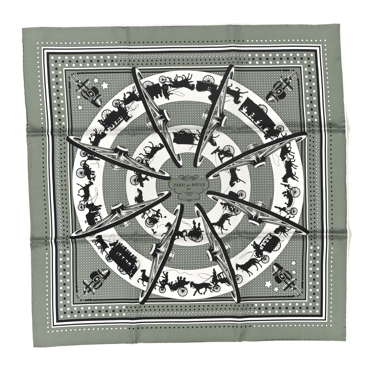 Silk Paris Qui Roule Bandana Scarf 55 Vert Sauge White