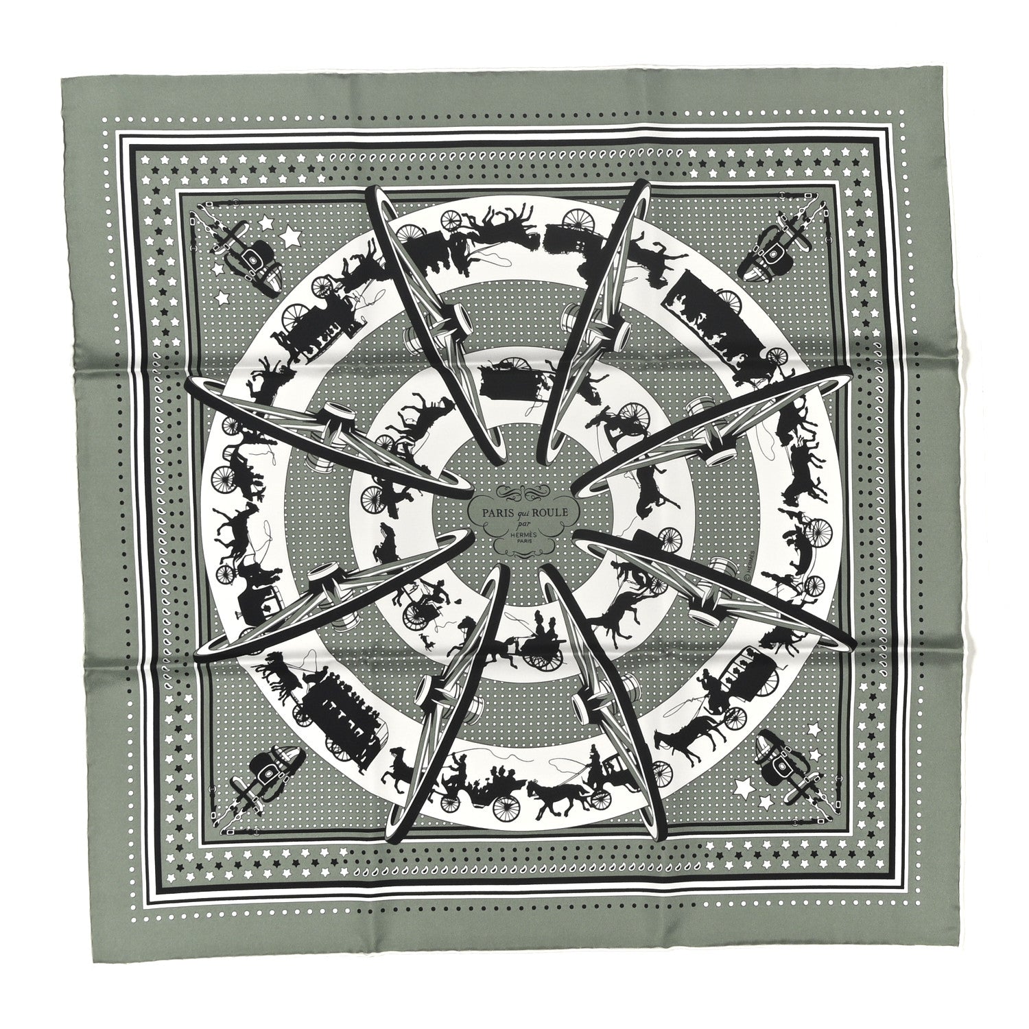 Hermes Silk Paris Qui Roule Bandana Scarf 55 Vert Sauge White 1 of 4