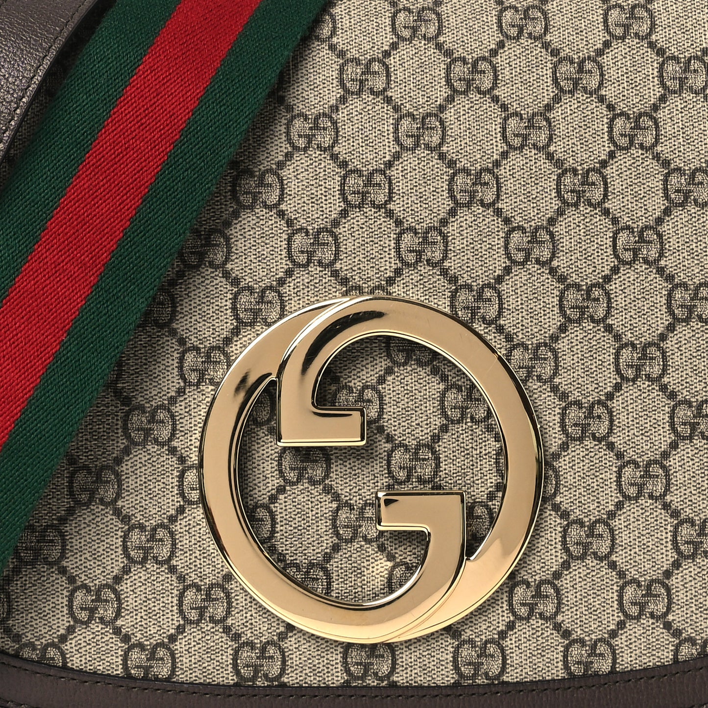 GG Supreme Monogram Textured Dollar Calfskin Web Medium Blondie Top Handle Shoulder Flap Bag Beige Ebony New Acero