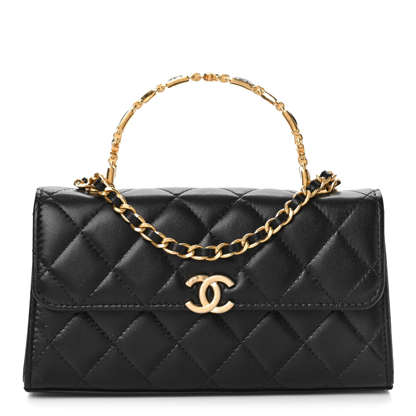 Lambskin Enamel Quilted Top Handle Flap Phone Holder With Chain Black