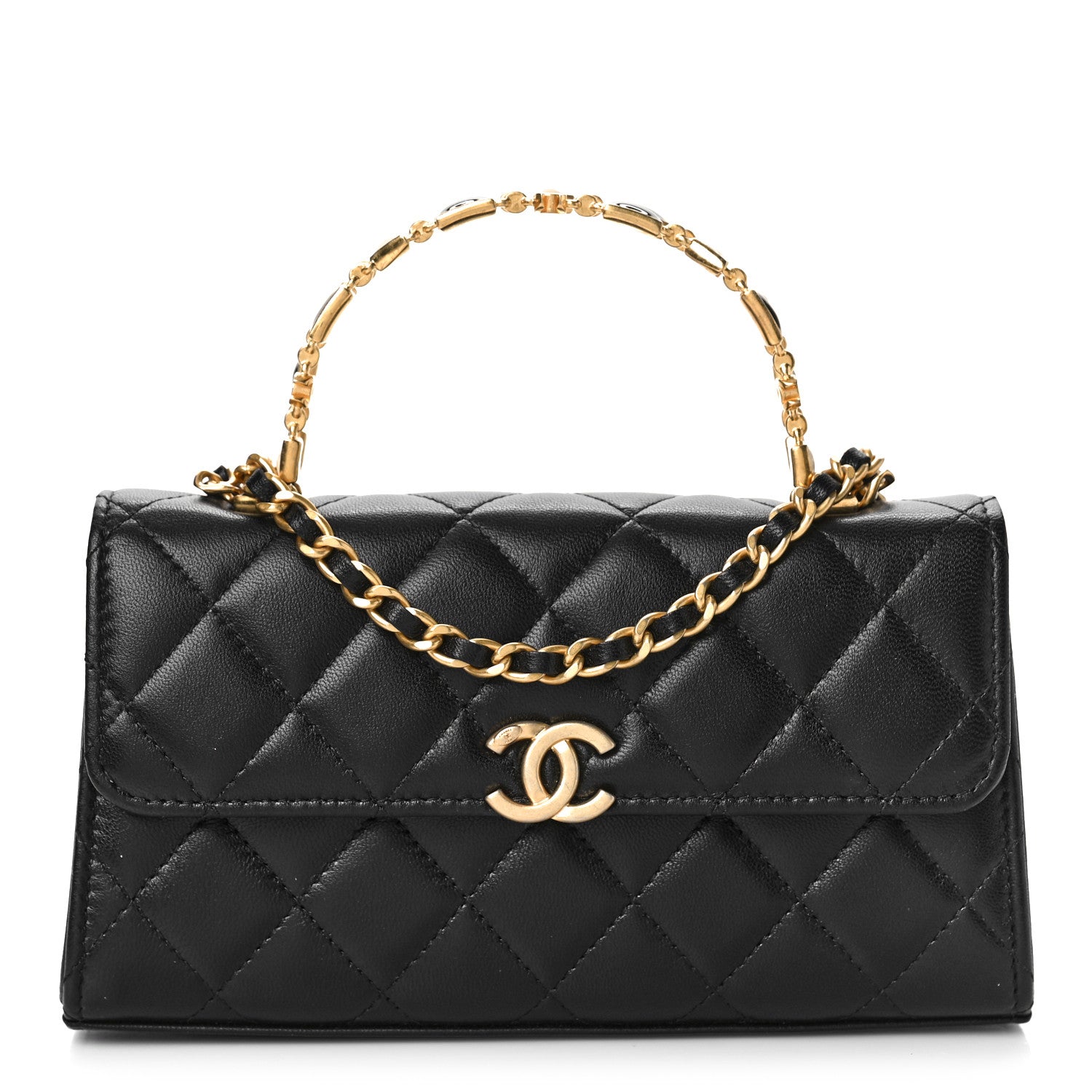 Chanel Lambskin Enamel Quilted Top Handle Flap Phone Holder With Chain Black 1 of 11