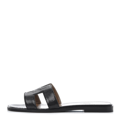 Hermes Lizard Oran Sandals 37.5 Black 1 of 13