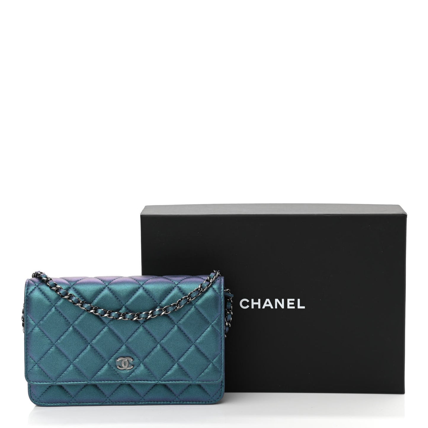 Metallic Lambskin Wallet On Chain WOC Turquoise
