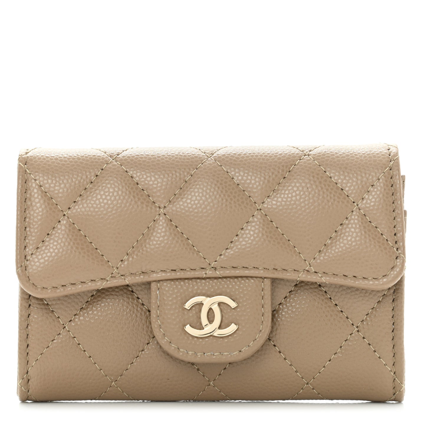 Caviar Quilted Flap Card Holder Wallet Beige