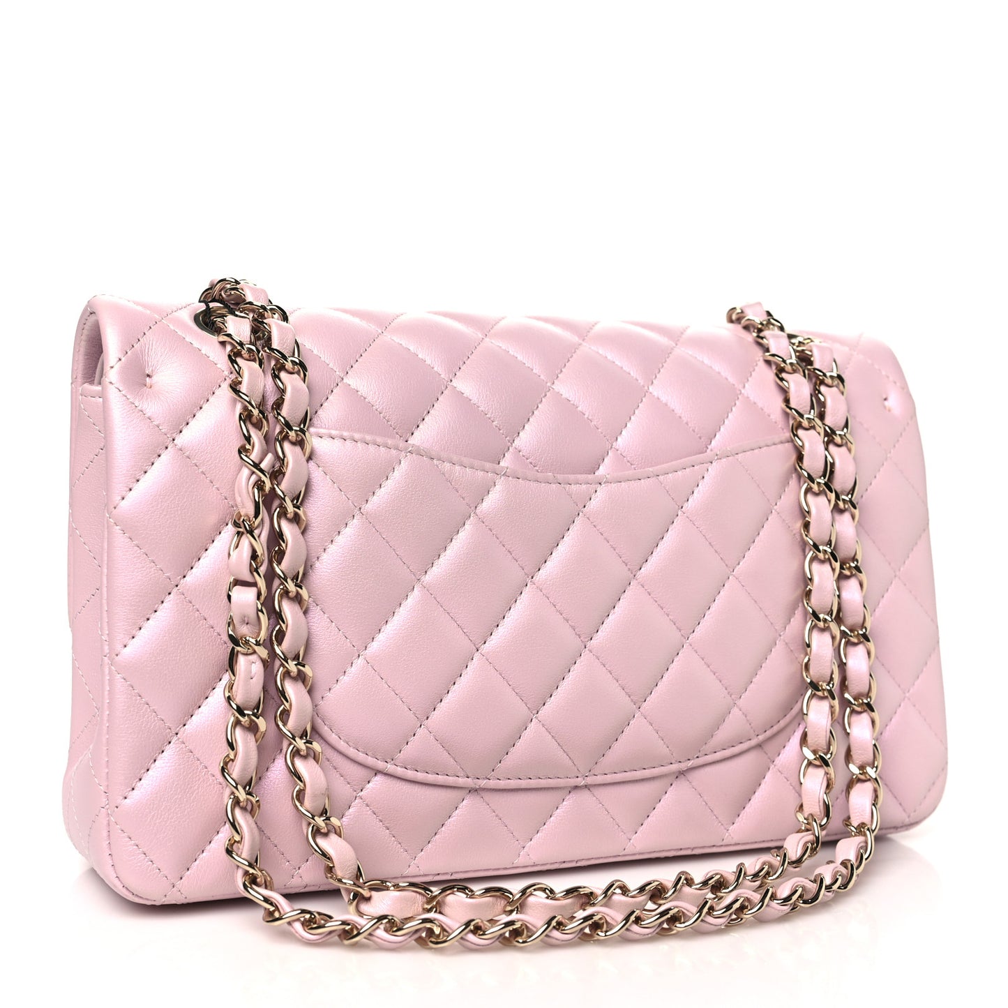 Iridescent Calfskin Quilted Medium Double Flap Light Pink