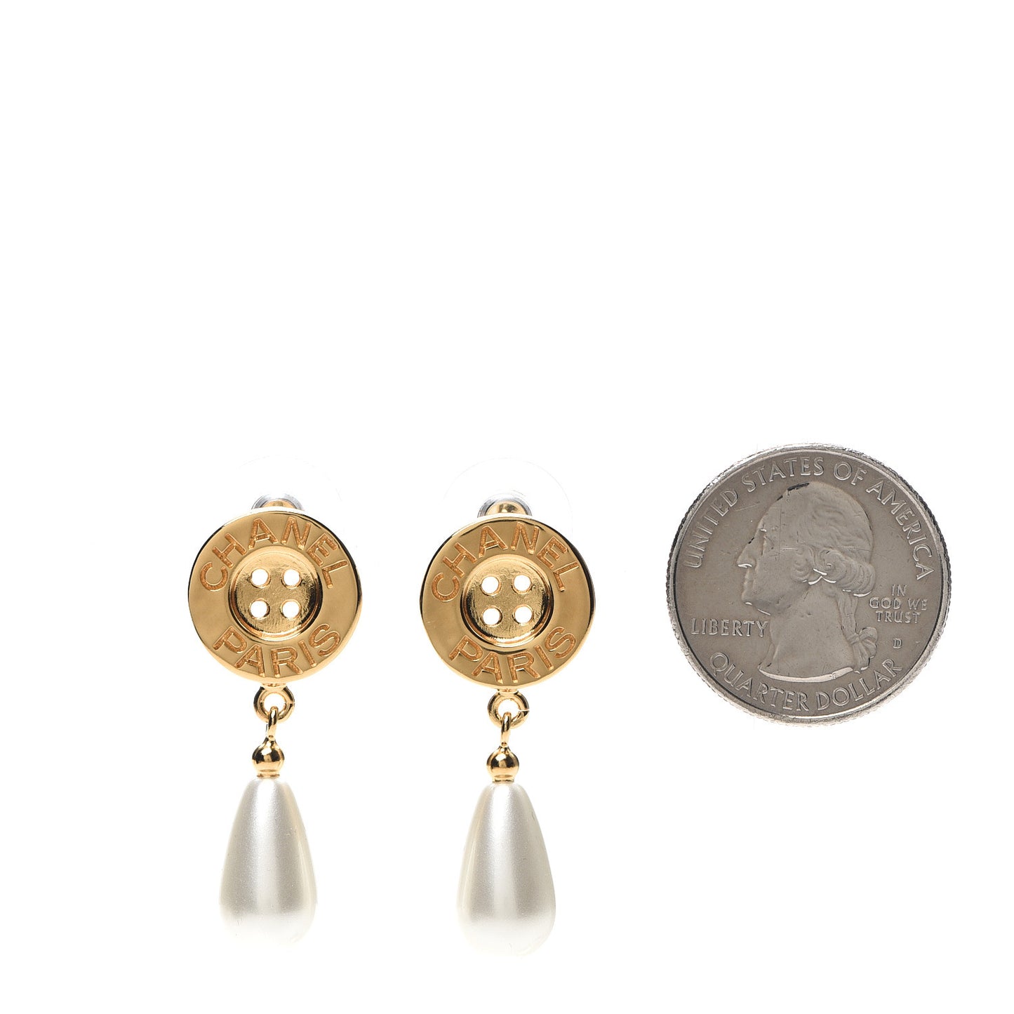 Metal Pearl Paris Button Drop Earrings Gold