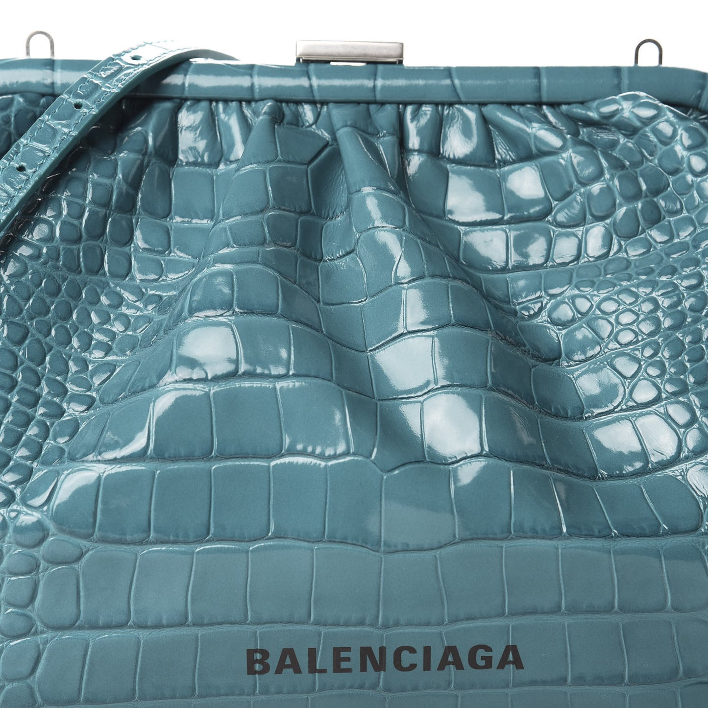 Shiny Supple Calfskin Logo Crocodile Embossed Cloud Crossbody Bag Jade Black