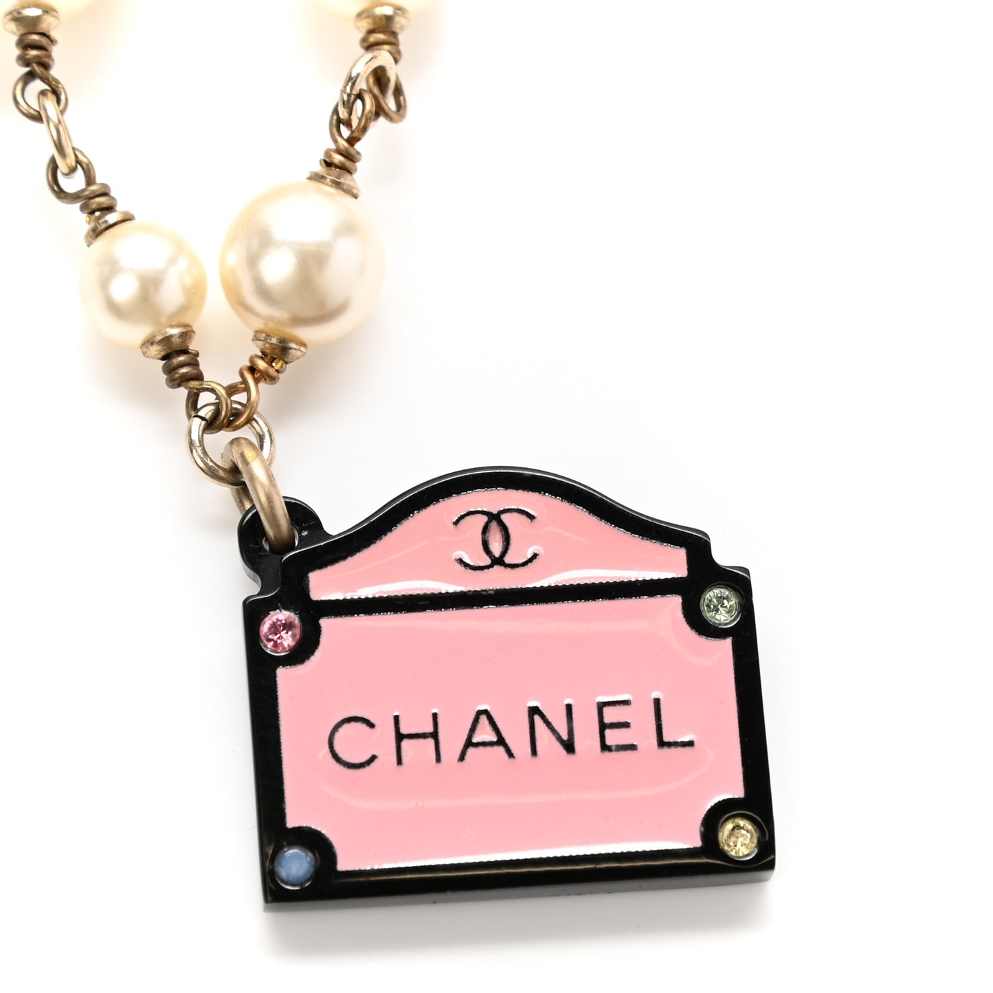 Pearl Resin Crystal CC Charm Necklace Gold Pink Black