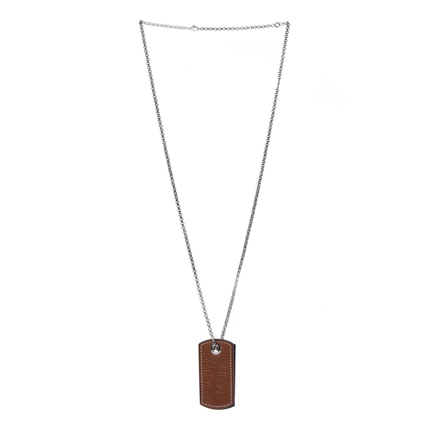 Palladium Natural Barenia Dog Tag Long Necklace Fauve
