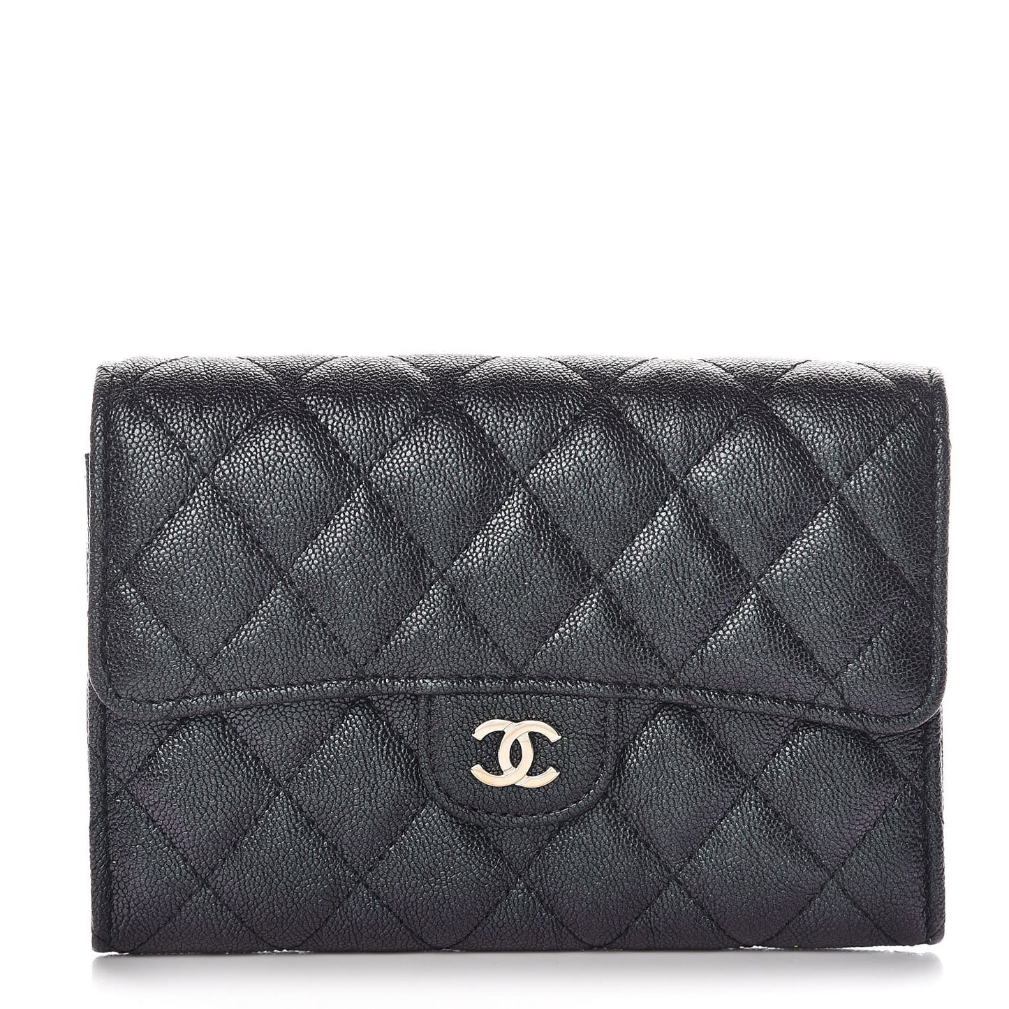 Iridescent Caviar Quilted Medium Flap Wallet Black