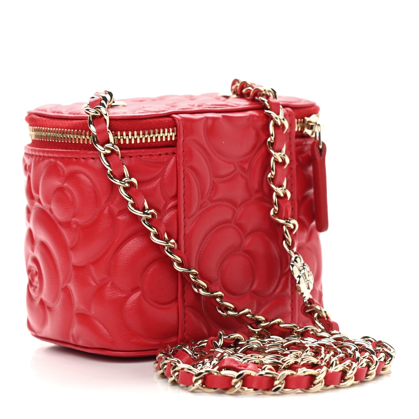 Lambskin Camellia Embossed Mini Vanity Case With Chain Red
