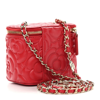 Chanel Lambskin Camellia Embossed Mini Vanity Case With Chain Red 2 of 9