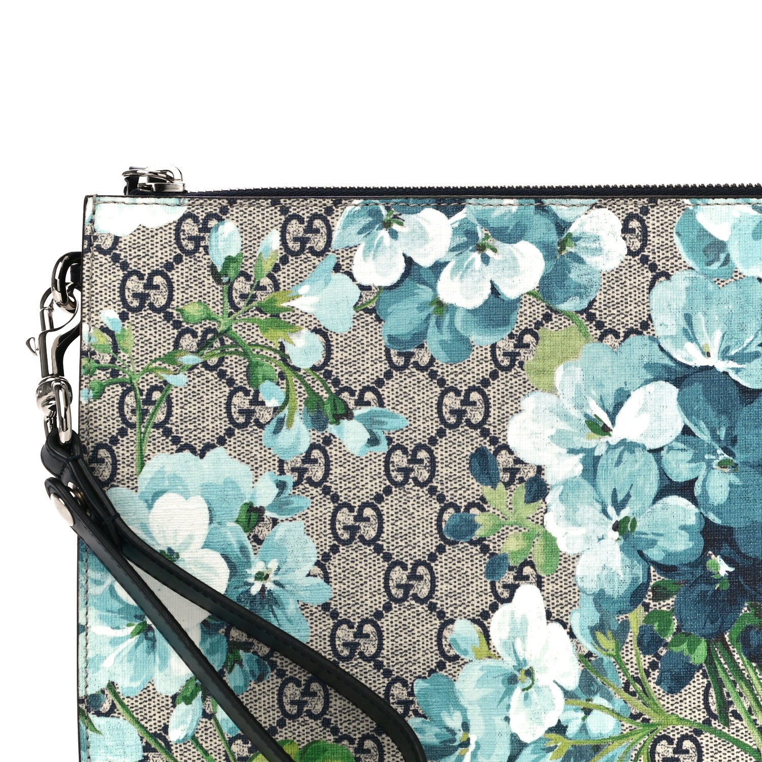 Gucci GG Supreme Monogram Blooms Small Zip Wristlet Pouch Beige Blue Black 7 of 9