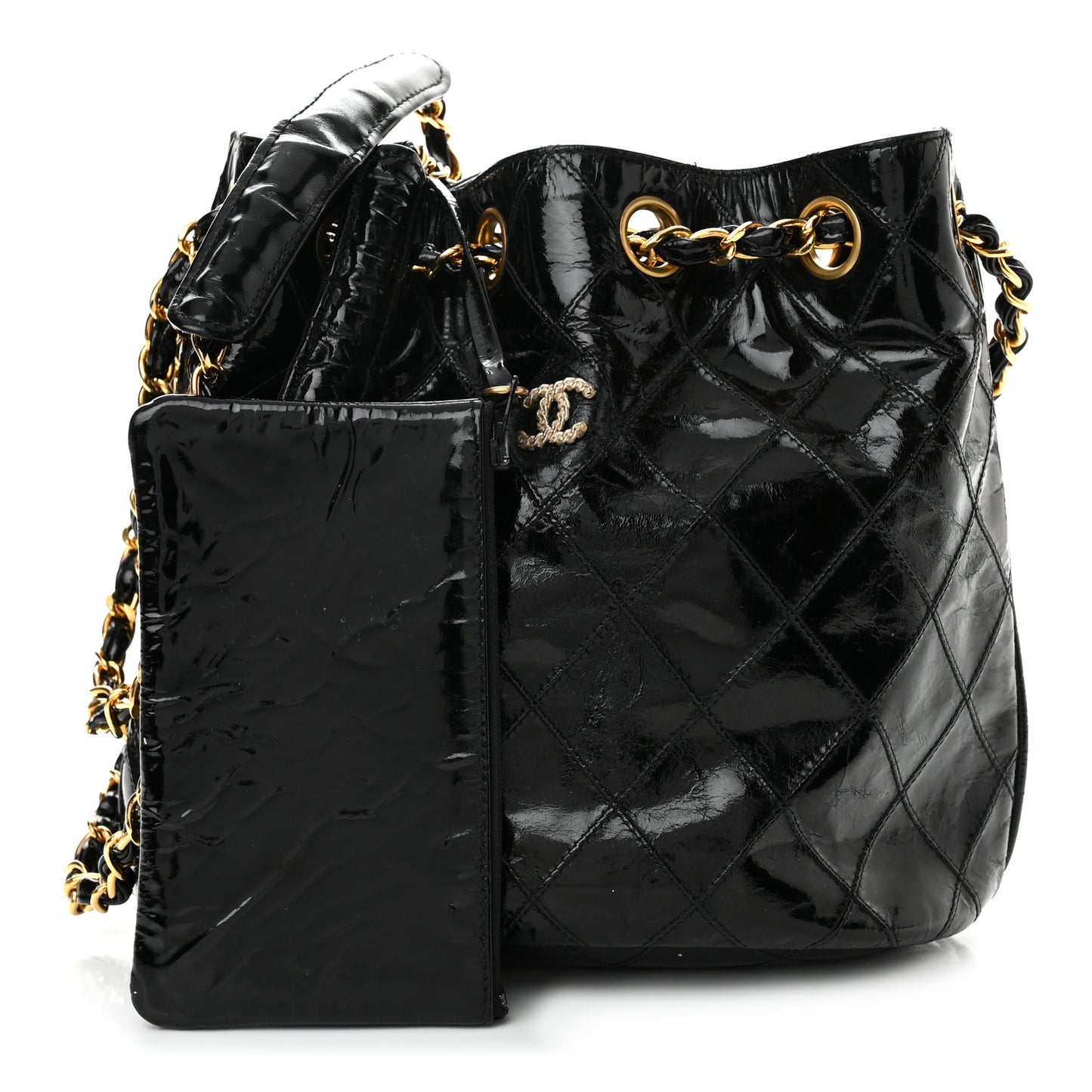 Patent Stitched Drawstring Shoulder Bag Black