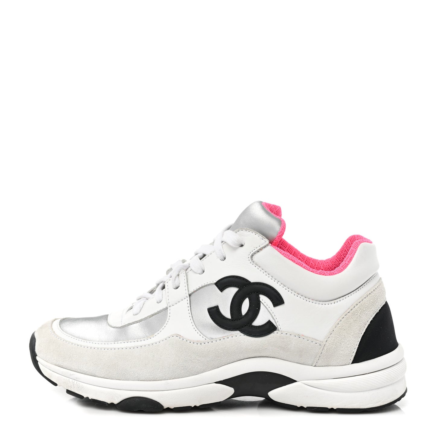 Calfskin Fabric Sneakers 37.5 White Silver Fluo Pink