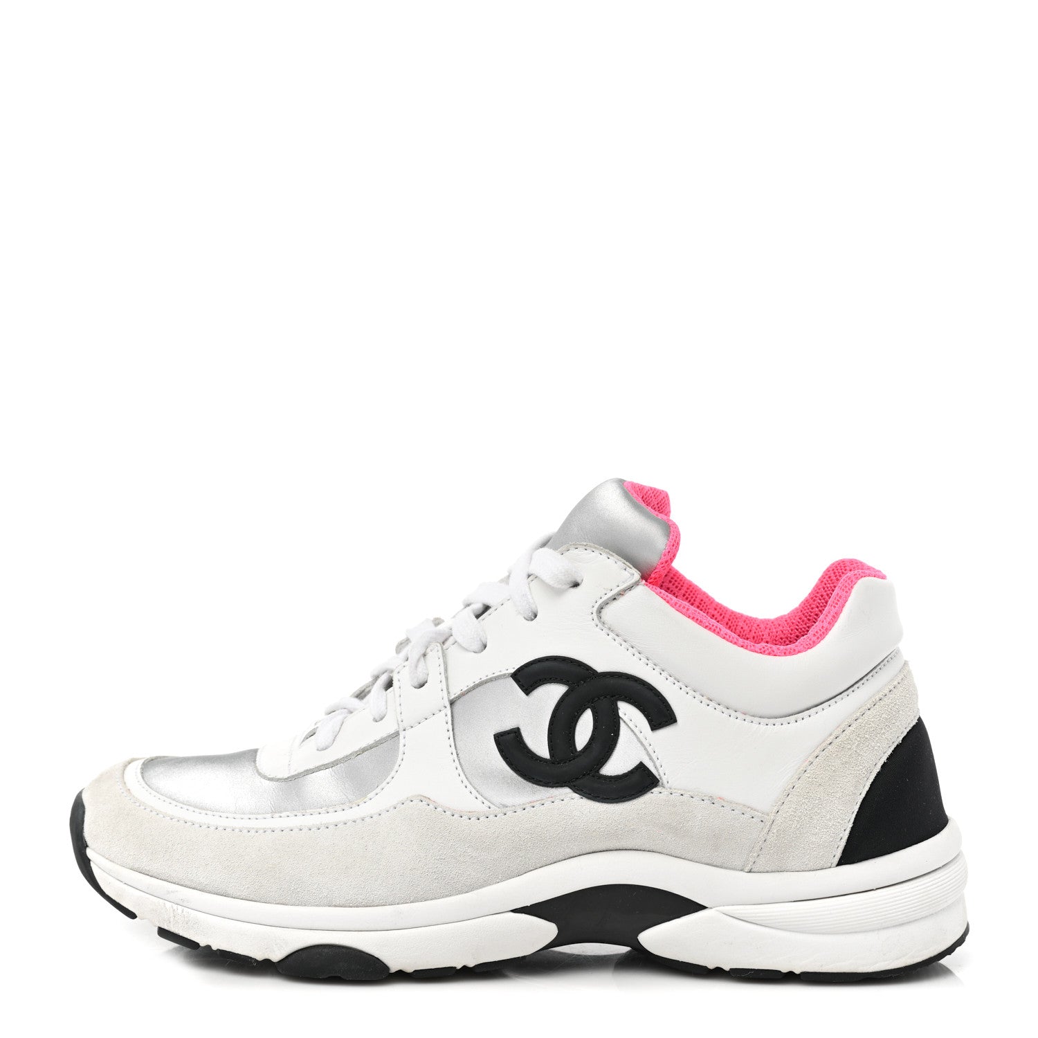 Chanel Calfskin Fabric Sneakers 37.5 White Silver Fluo Pink 1 of 8