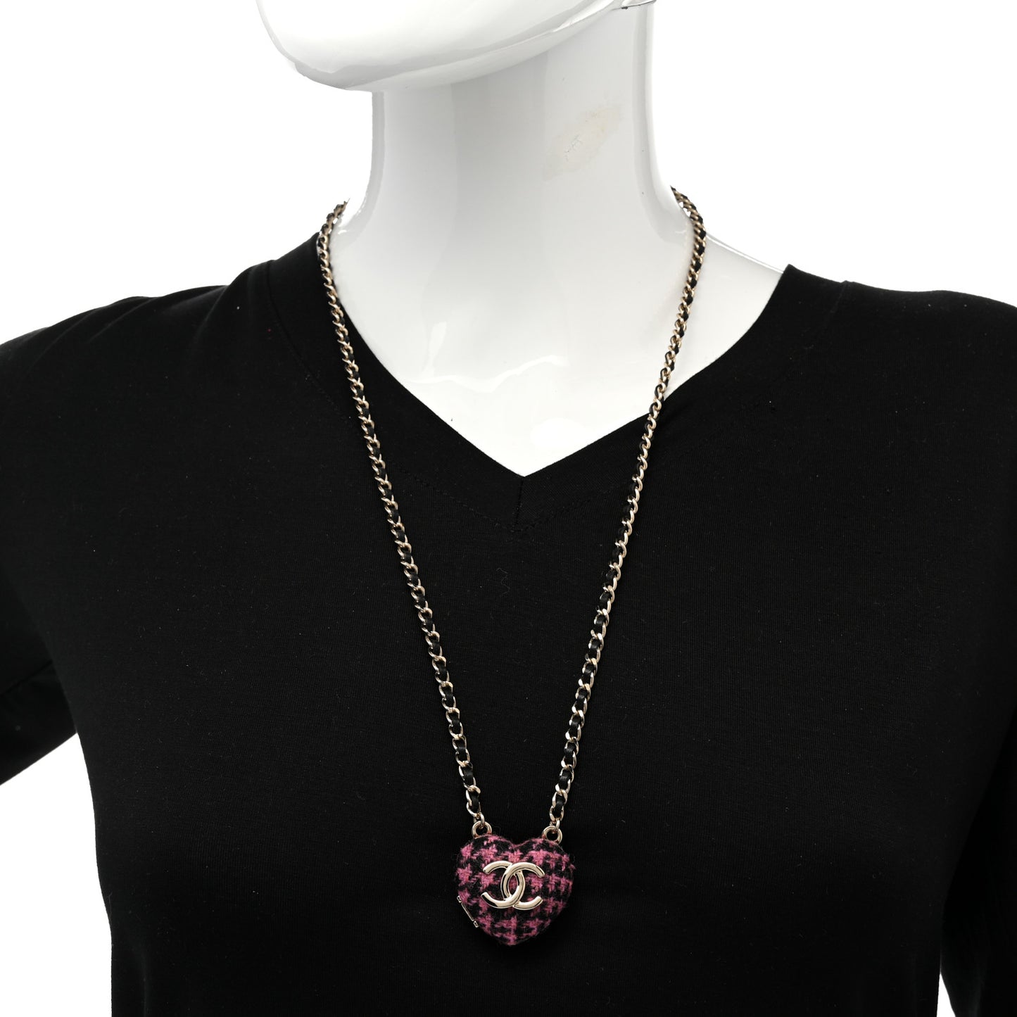 Lambskin Tweed CC Locket Pendant Necklace Black Pink Gold
