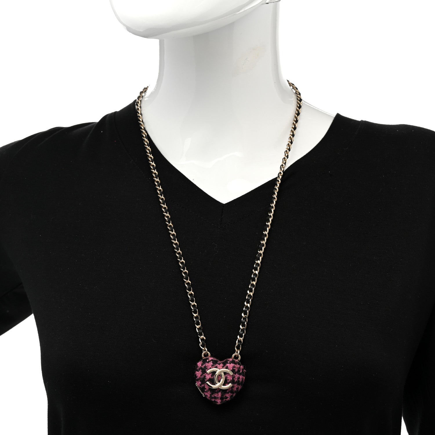 Chanel Lambskin Tweed CC Locket Pendant Necklace Black Pink Gold 2 of 7