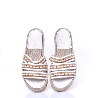 Chanel Lambskin Chain Espadrille Slip On Sandals 39 White 5 of 8