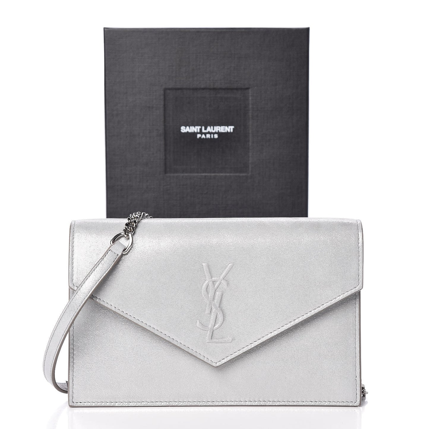 Metallic Fabric Monogram Envelope Chain Wallet Silver