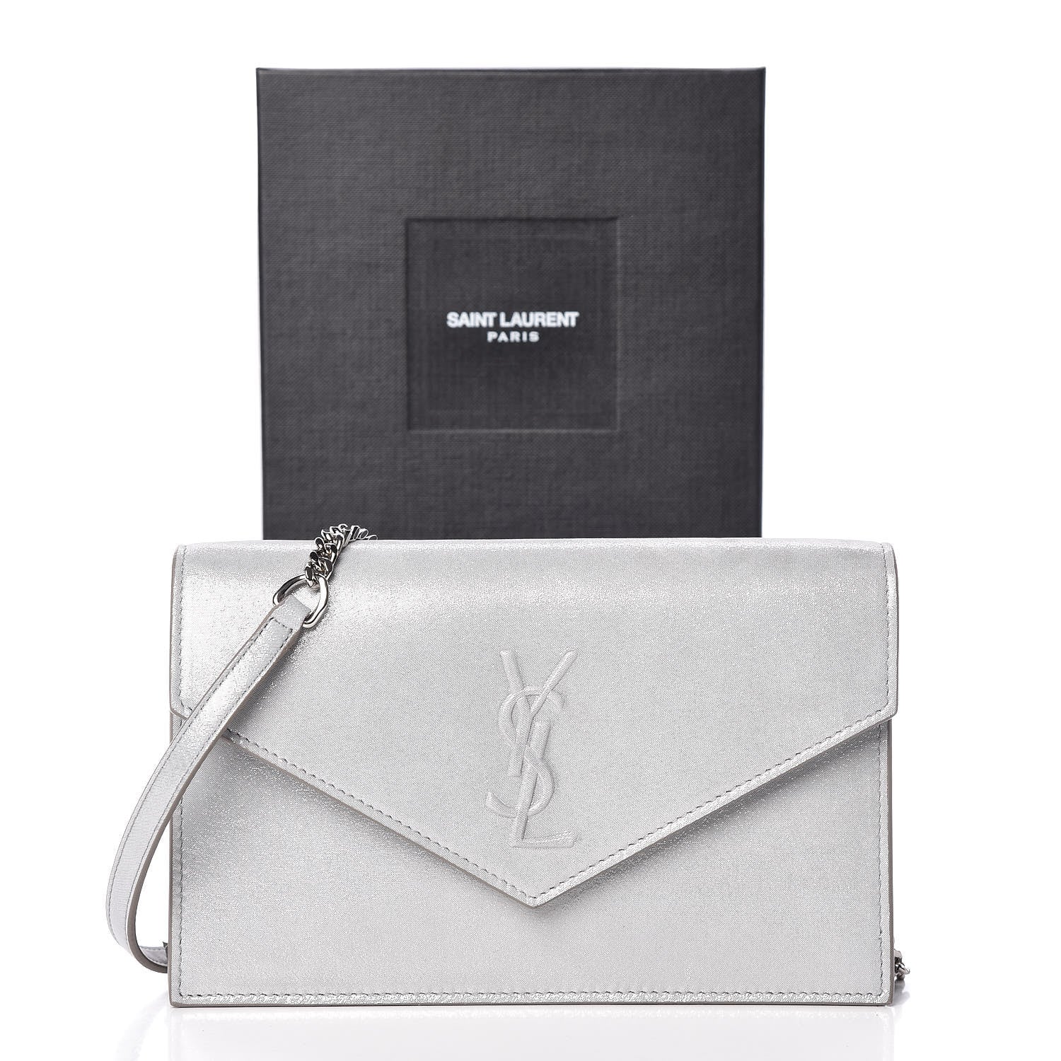 Saint Laurent Metallic Fabric Monogram Envelope Chain Wallet Silver 11 of 11