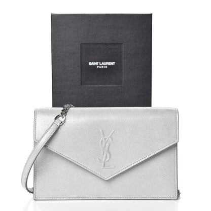 Saint Laurent Metallic Fabric Monogram Envelope Chain Wallet Silver 11 of 11