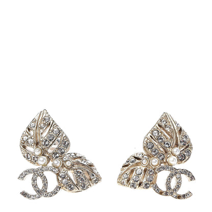 Chanel Crystal Pearl CC Leaf Earrings Gold 1 of 3