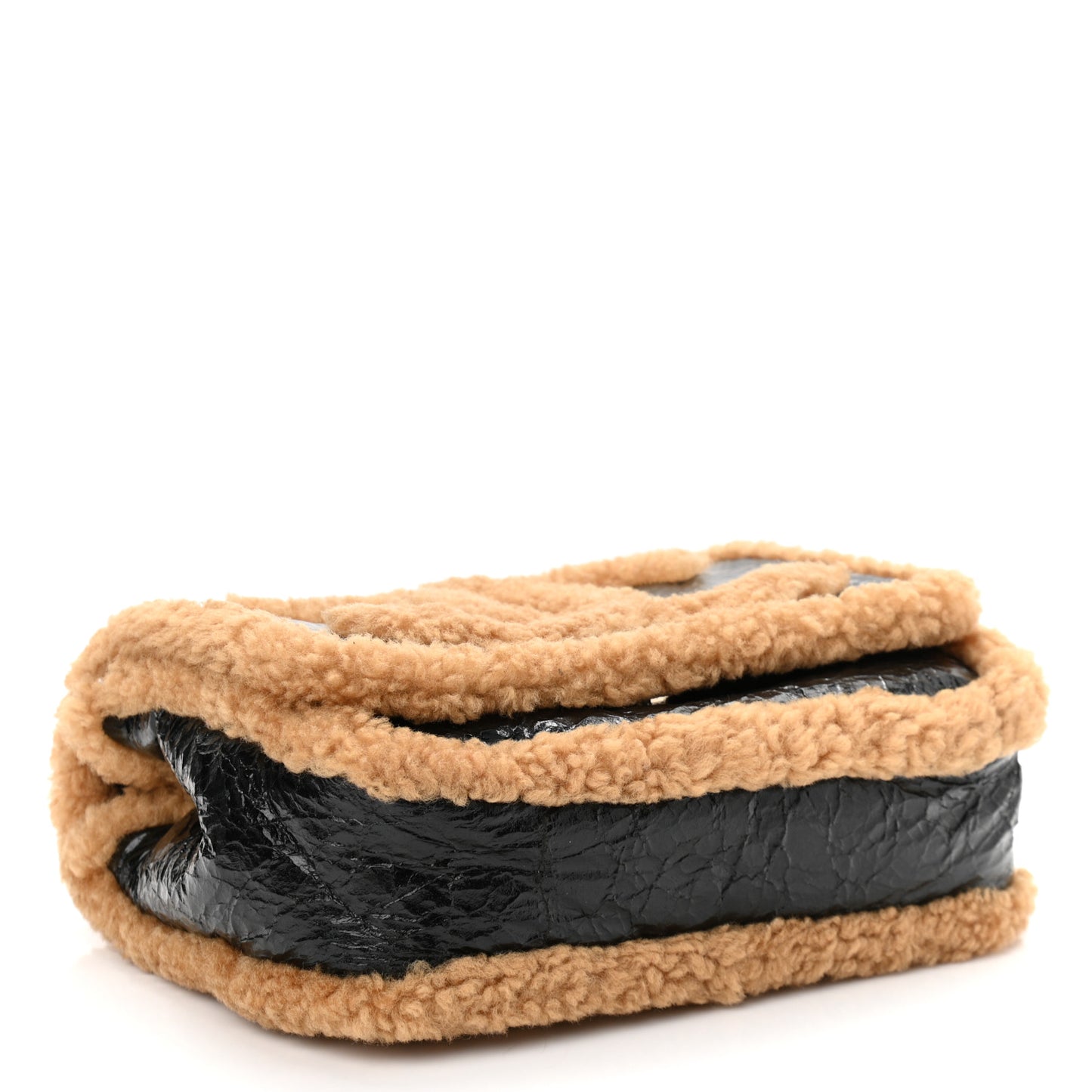 Shiny Crumpled Sheepskin Shearling CC Mania Flap Bag Black Beige