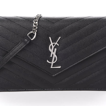 Saint Laurent Grain De Poudre Matelasse Chevron Monogram Envelope Chain Wallet Black 8 of 11