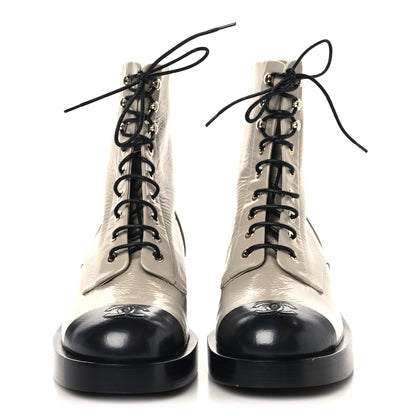 Chanel Shiny Goatskin Cap Toe Combat Boots 39 Gray Dark Gray 3 of 9