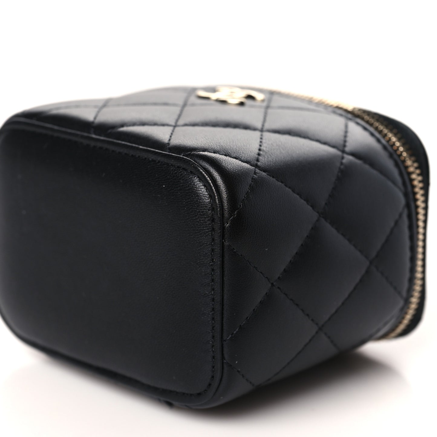 Lambskin Quilted Mini Vanity Case With Pearl Chain Black
