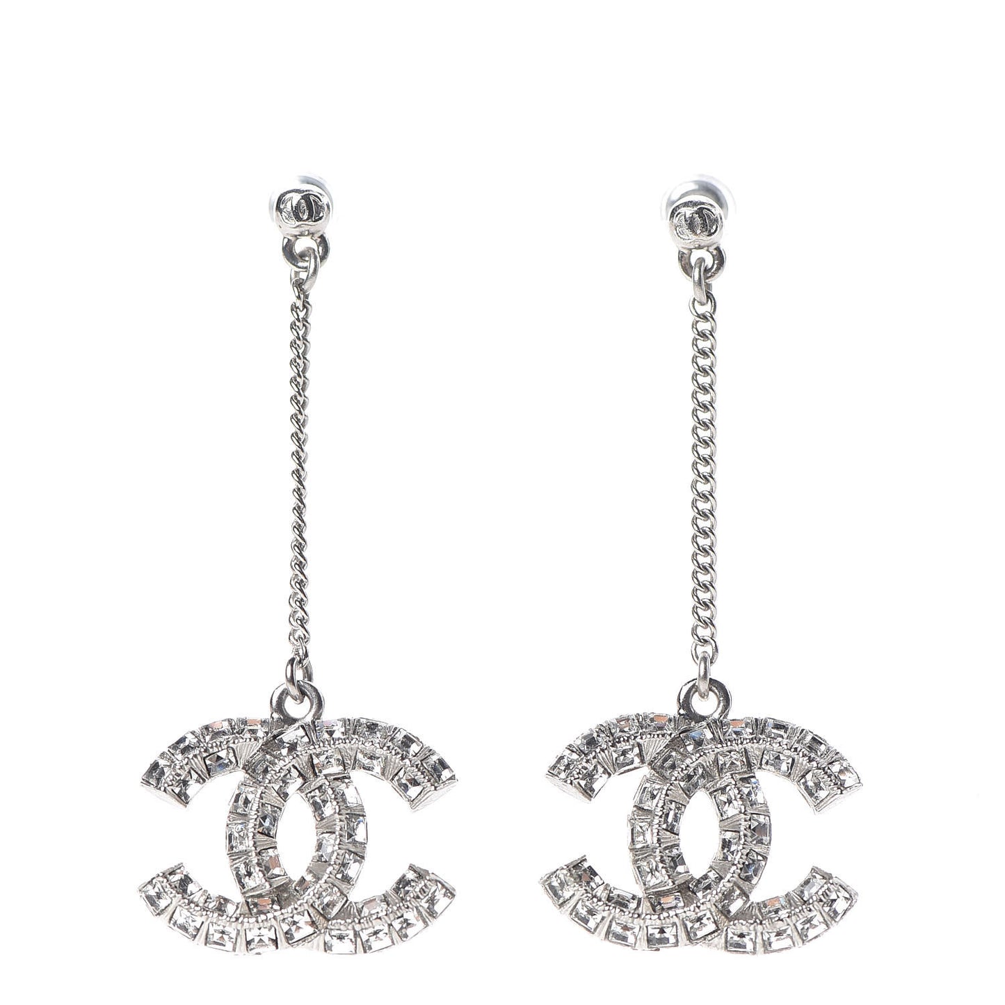 Baguette Crystal CC Drop Earrings Silver