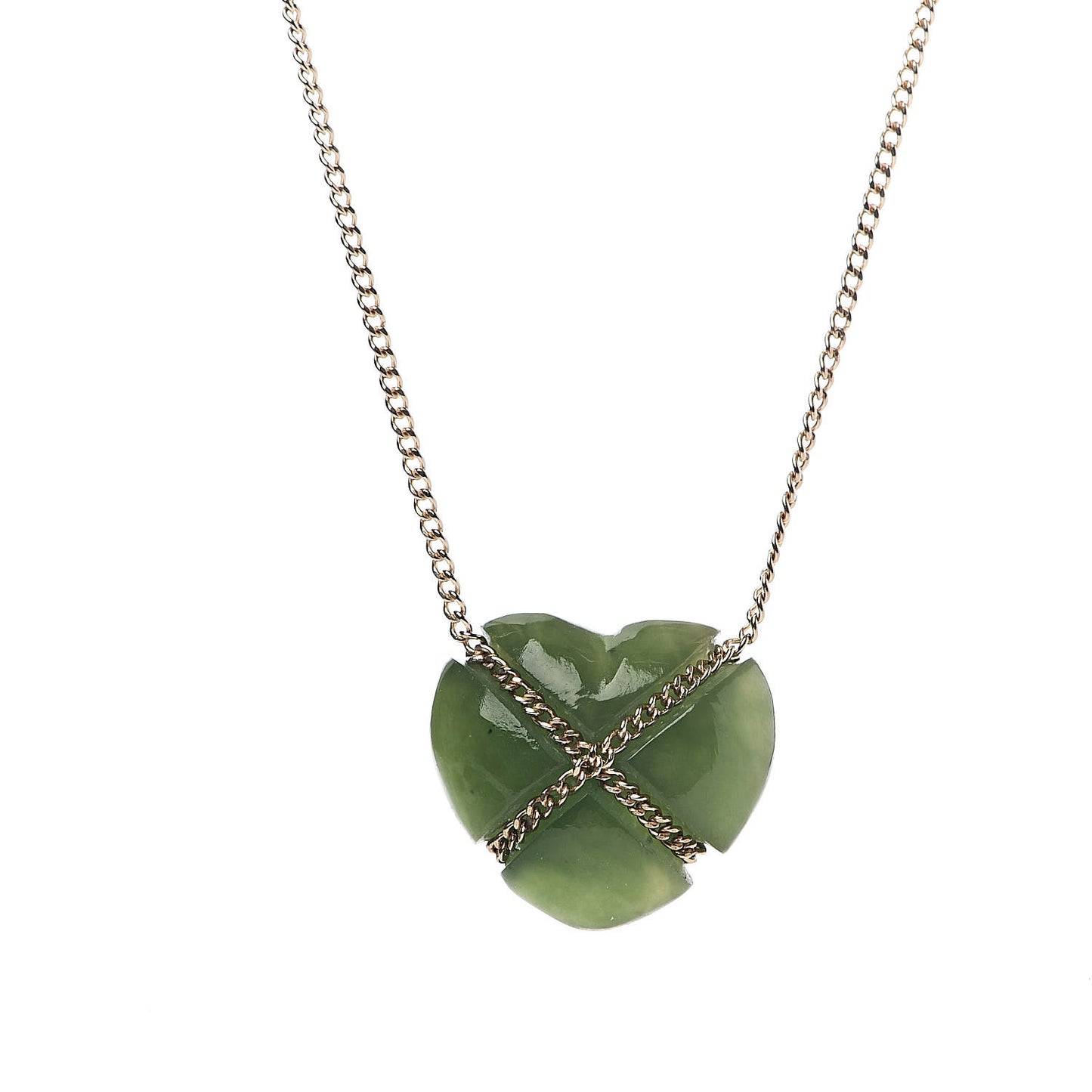 18K Yellow Gold Green Jade Heart Pendant Necklace
