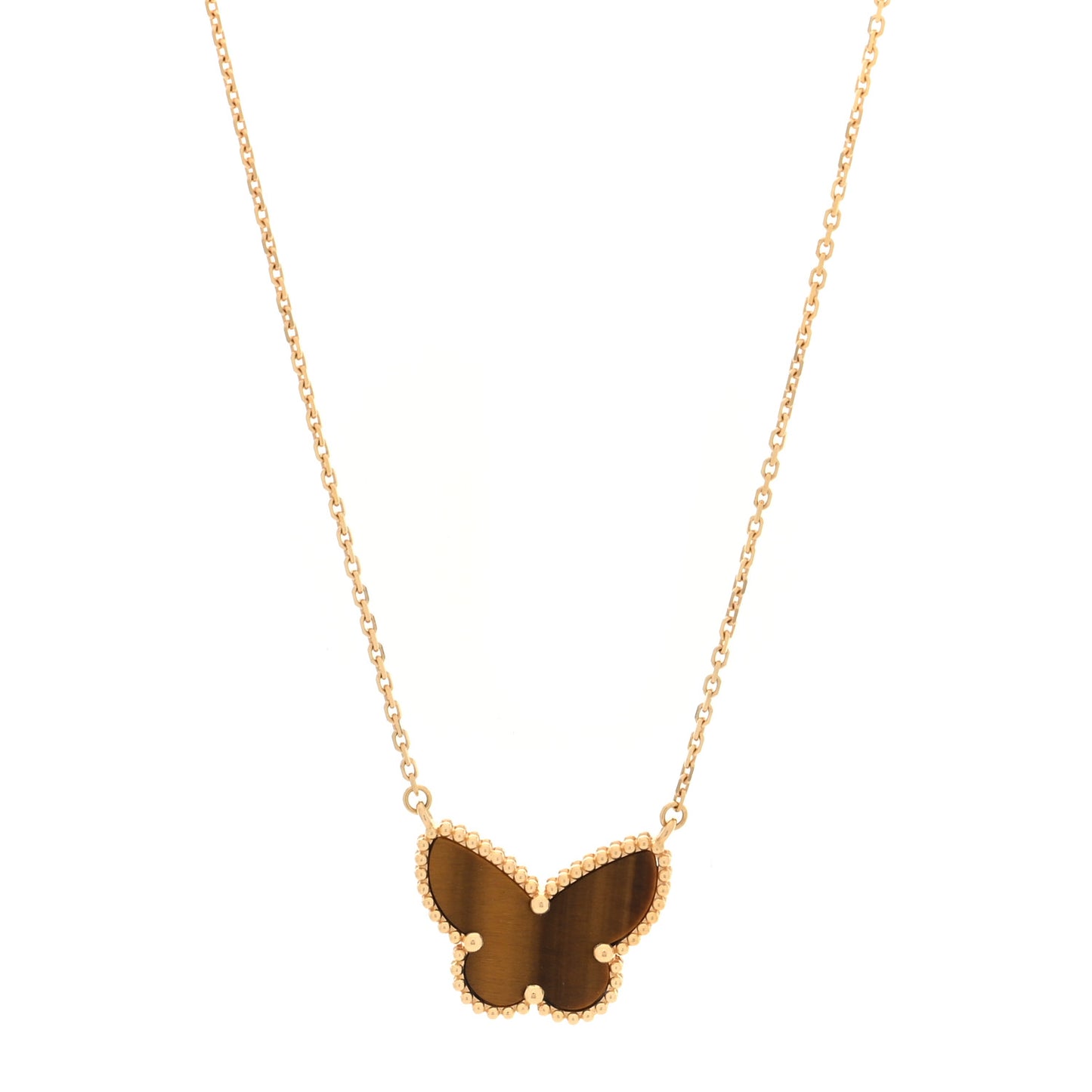 18K Yellow Gold Tiger Eye Lucky Alhambra Butterfly Pendant Necklace