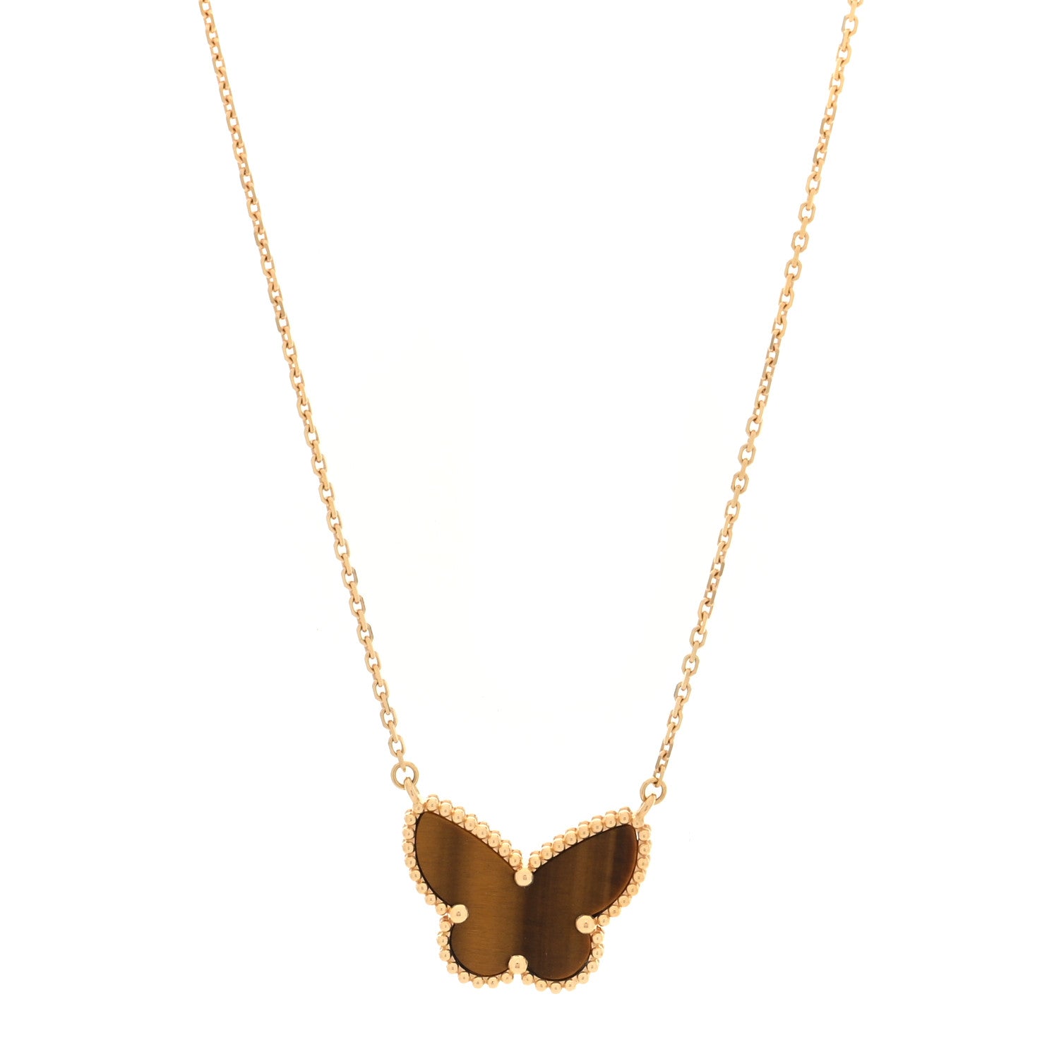 Van Cleef & Arpels 18K Yellow Gold Tiger Eye Lucky Alhambra Butterfly Pendant Necklace 1 of 5
