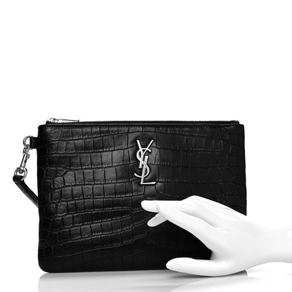 Saint Laurent Calfskin Crocodile Embossed Monogram Zip Pouch Black 2 of 8