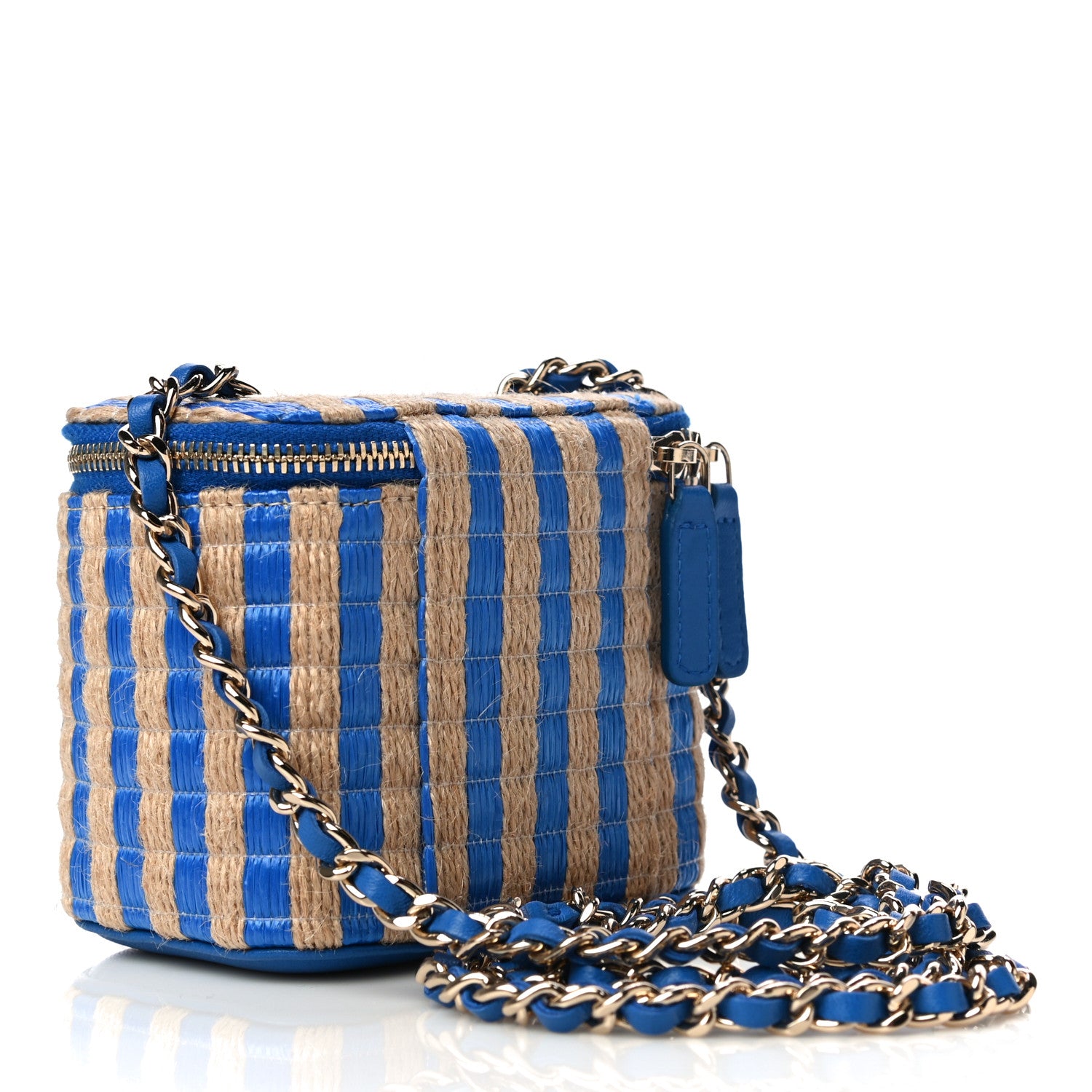 Chanel Raffia Jute Striped Mini Vanity Case With Chain Blue Beige 3 of 11
