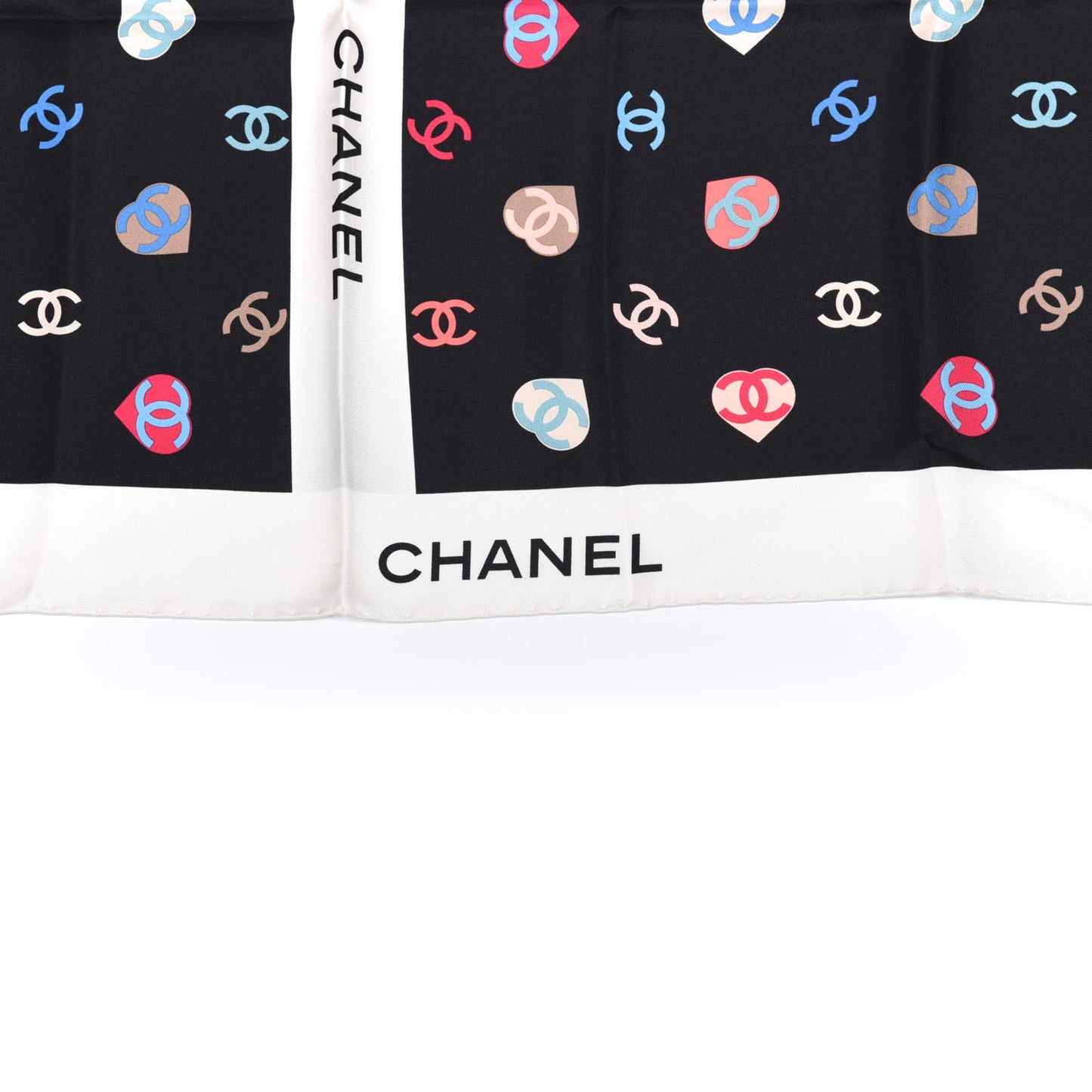 Silk Twill Heart CC Square Scarf Ecru Black
