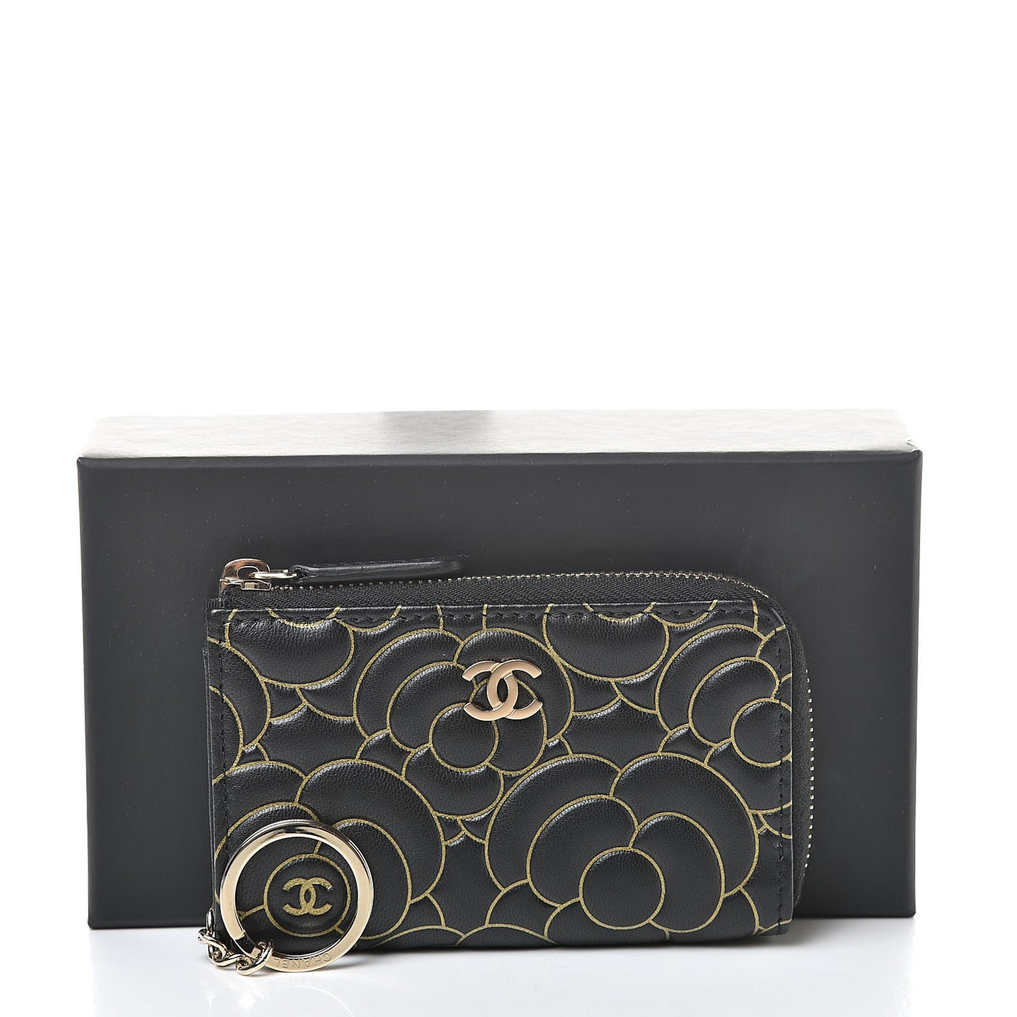 Lambskin Camellia Embossed Key Holder Case Black Gold