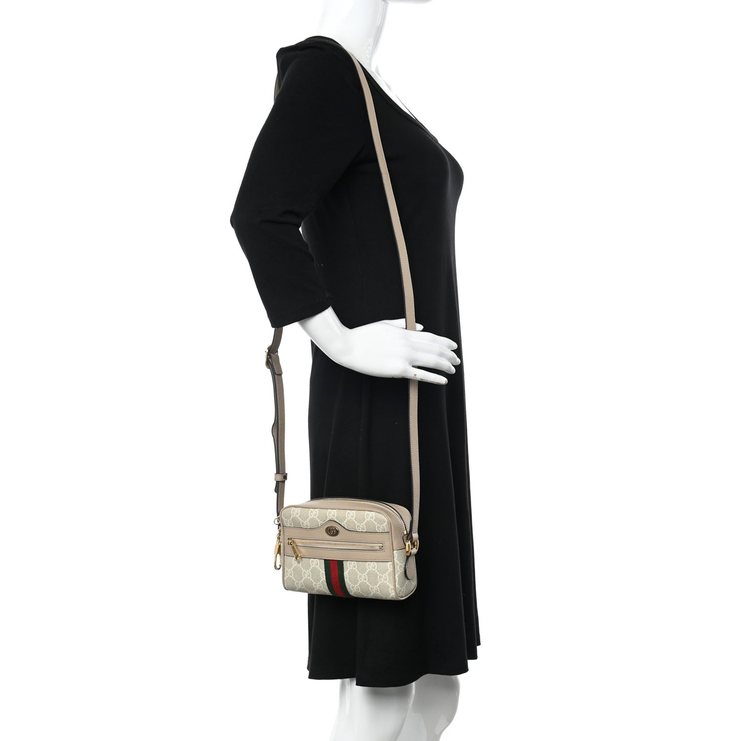 GG Supreme Monogram Textured Calfskin Web Mini Ophidia Shoulder Bag Beige Mystic White Oatmeal
