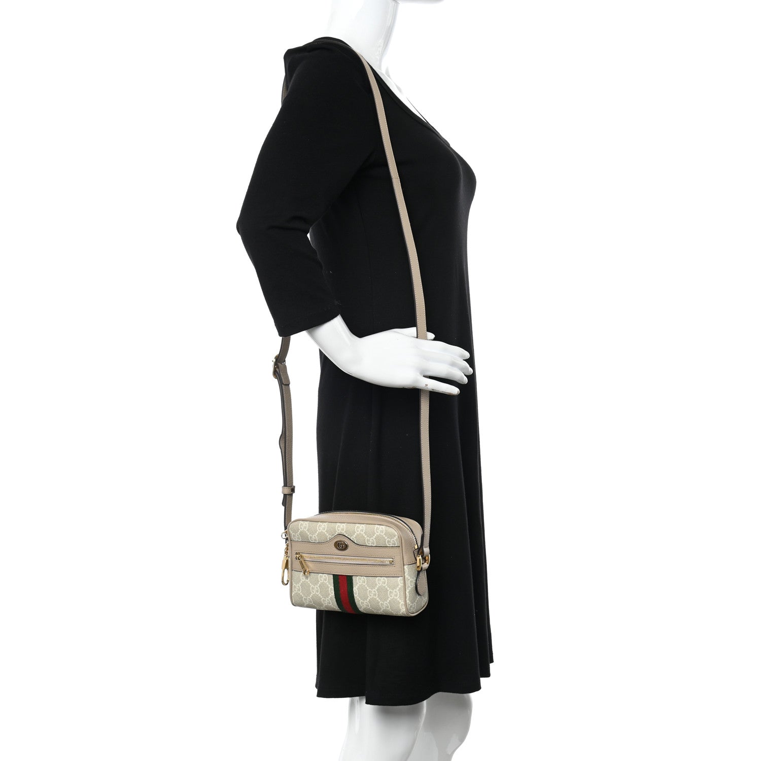Gucci GG Supreme Monogram Textured Calfskin Web Mini Ophidia Shoulder Bag Beige Mystic White Oatmeal 2 of 16